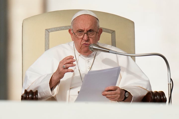 Pope Francis speaks during his weekly general audience in St. Peter's Square at The Vatican, on Oct. 18, 2023. Pope Francis has formally approved allowing priests to bless same-sex couples, with a new document released Monday Dec. 18, 2023 explaining a radical change in Vatican policy by insisting that people seeking God’s love and mercy shouldn’t be subject to “an exhaustive moral analysis” to receive it. (AP Photo/Alessandra Tarantino, File)