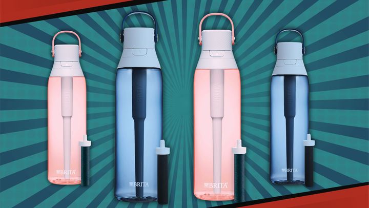 The filtering Brita water bottle from Amazon in night sky and blush.