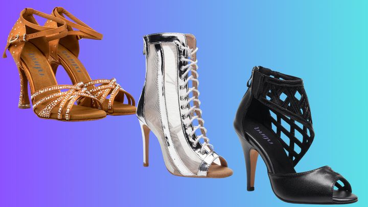 Left to right, all from Burju: Deloro strappy satin dance heels with crystals; Sierra silver vegan leather mesh lace-up ankle boot; Caressa black open-toe cage stiletto
