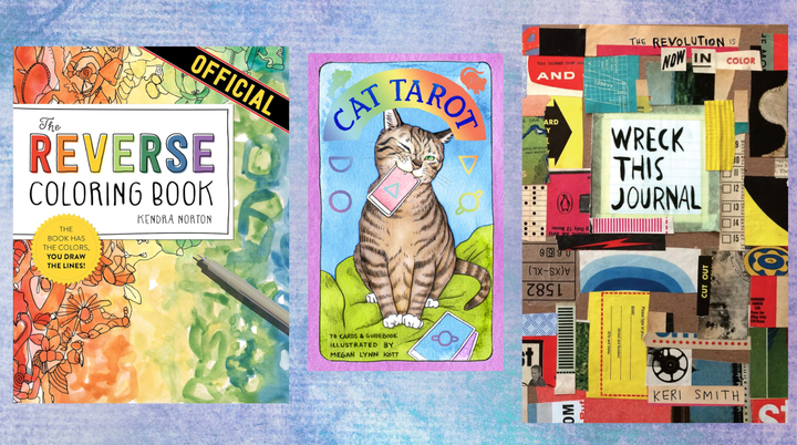 The Reverse Coloring Book, cat-themed tarot cards and the "Wreck This Journal" journal.