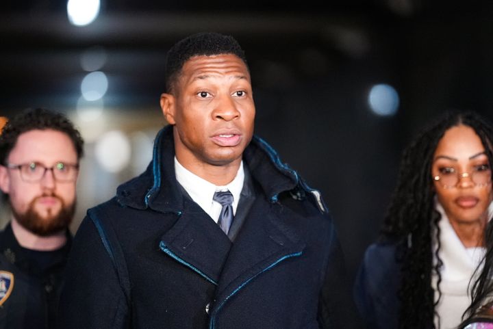 Actor Jonathan Majors leaves the courthouse following closing arguments in his domestic violence trial at Manhattan Criminal Court on Dec.15.