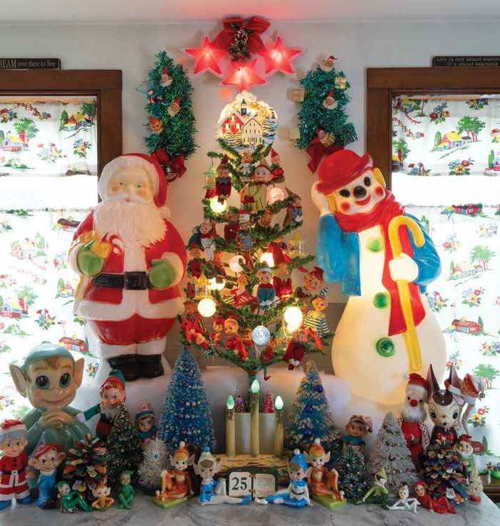 The kitchen of Bob Richter's Lambertville, New Jersey home is decorated with vintage blow molds for the holidays.