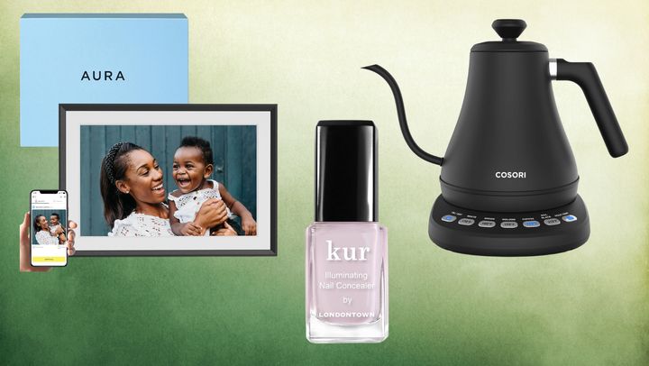 Aura digital picture frame, Londontown nail concealer and Cosori gooseneck kettle