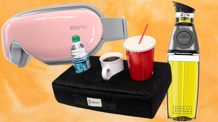 A Renpho eye mask, Cup Cozy Pillow and olive oil dispenser.