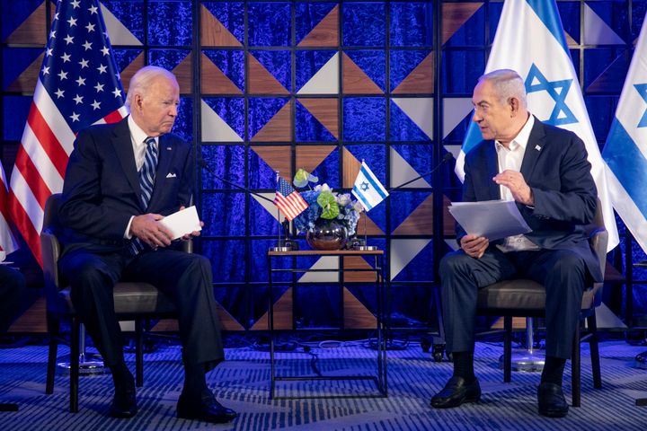 U.S. President Joe Biden, left, meets with Israeli Prime Minister Benjamin Netanyahu to discuss the the war between Israel and Hamas, in Tel Aviv, Israel, on Oct. 18.