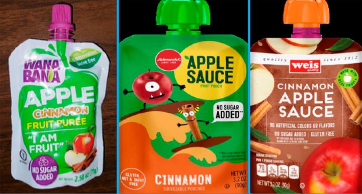 Three recalled applesauce products that contain cinnamon are pictured.