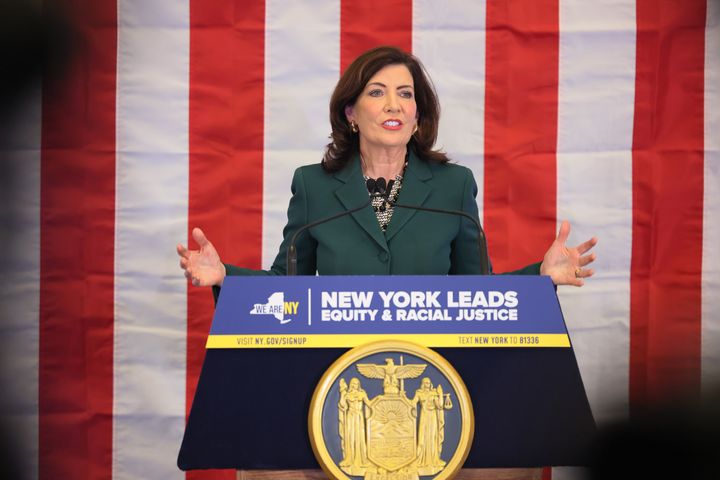 New York Gov. Kathy Hochul speaks during a press conference and signing of legislation creating a commission for the study of reparations in New York on Tuesday in New York City.