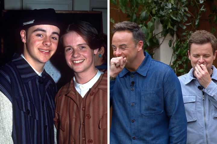 Ant and Dec as PJ & Duncan (left) and on the set of this year's I'm A Celebrity (right)