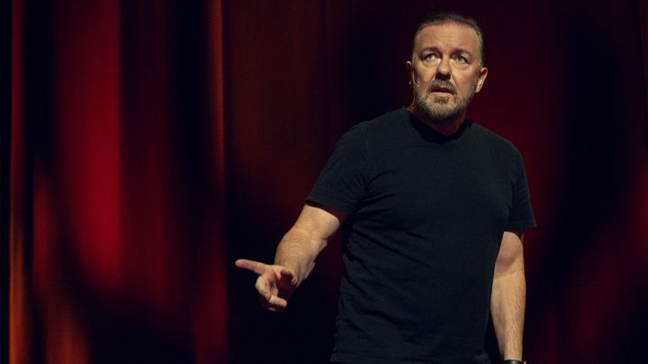 Ricky Gervais pictured on stage during his Armageddon special