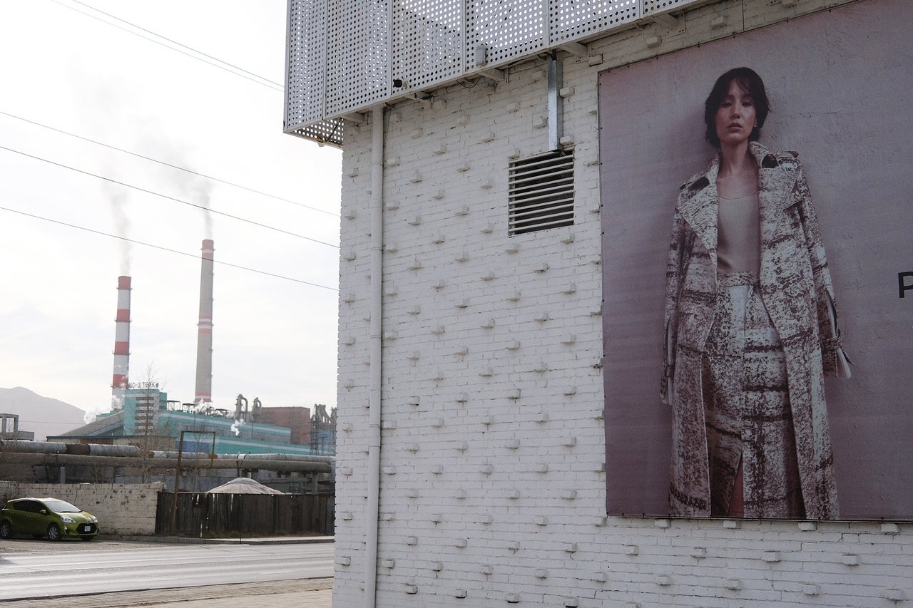 An ad outside the factory shop for Gobi, Mongolia's best-known high-end style brand name, which offers cashmere products, in a commercial part of southern Ulaanbaatar, the country's capital.