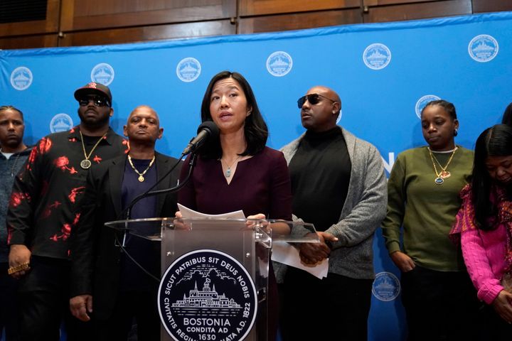 Boston Mayor Michelle Wu issues a formal apology to Alan Swanson and Willie Bennett at a Dec. 20 news conference for their wrongful arrests following the 1989 death of Carol Stuart, whose husband had orchestrated her murder.