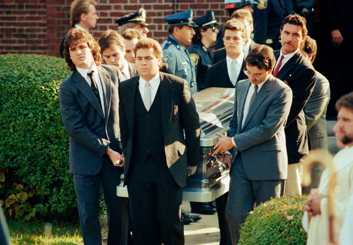 Pallbearers exit St. James Church in Medford, Massachusetts, on Oct. 28, 1989, after the funeral of Carol Stuart. Matthew Stuart (front left) later told police he had disposed of evidence incriminating his brother Charles in Carol’s murder.