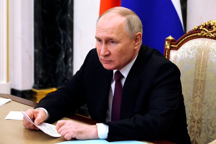 Russian President Vladimir Putin chairs a meeting on the development of the Eastern Railway Training Ground via videoconference in Moscow, Russia, on Dec. 20, 2023.