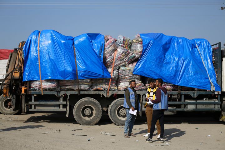 Humanitarian aid trucks enter through a crossing from Israel into the Gaza Strip on Dec. 18.