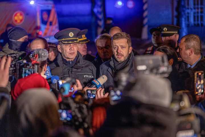PRAGUE, CZECH REPUBLIC - DECEMBER 21: Police President Martin Vondrasek (L) and Interior Minister Vit Rakusan (R) speak to the press near the scene of a shooting at Charles University in Prague, Czech Republic on December 21, 2023. At least 15 people were killed and 24 others injured in a shooting incident at a university in Czech Republic's capital Prague on Thursday. (Photo by Stringer/Anadolu via Getty Images)