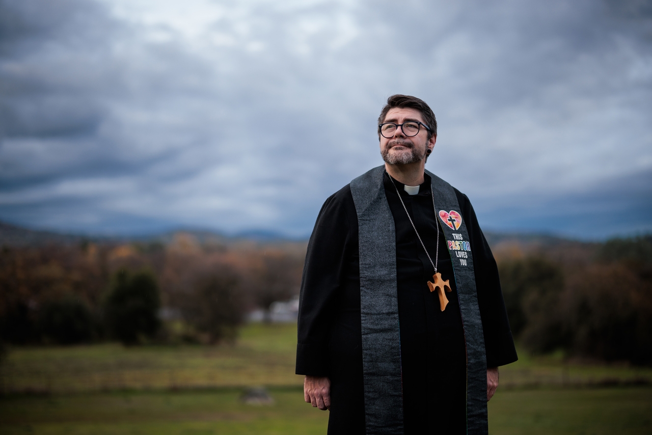Pastor Casey Tinnin poses for a portrait at United Congregational Church of Loomis in Loomis, California, on Dec. 20.