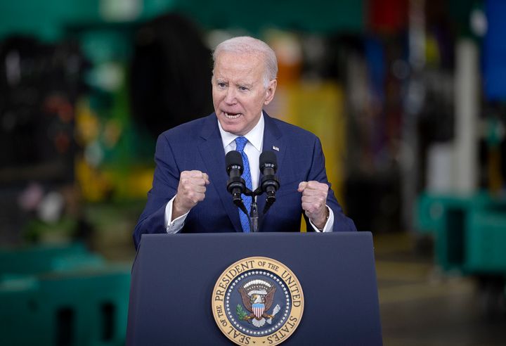 President Joe Biden visits the Cummins Power Generation Facility, which is installing electrolyzers to make hydrogen fuel, as part of his administration's Investing in America tour in Fridley, Minnesota, on April 3.