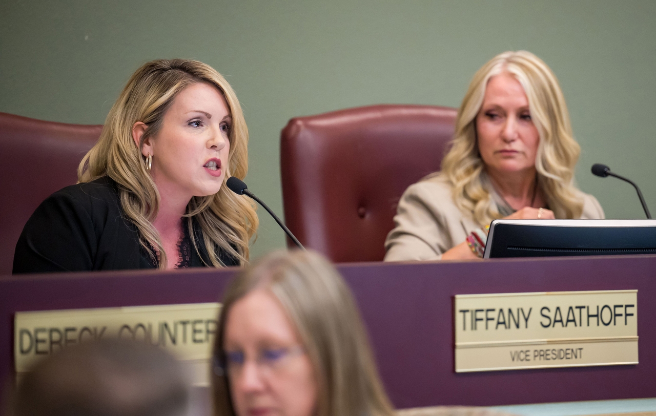 Julie Hupp (right) and Tiffany Saathoff at a Rocklin Unified School District board meeting in September.