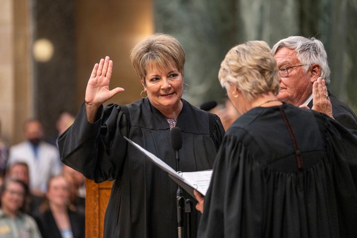MADISON, WISCONSIN - August 1: Janet Protasiewicz, 60, is sworn in for her position as a State Supreme Court Justice at the Wisconsin Capitol rotunda in Madison, Wis. on August 1, 2023. (Photo by Sara Stathas for The Washington Post via Getty Images)