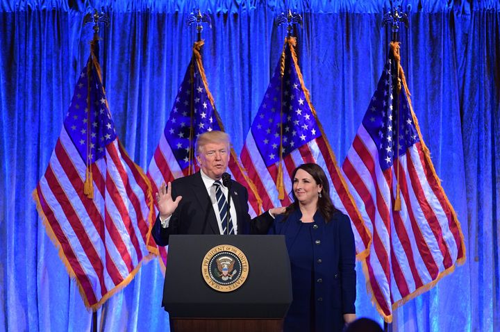 Then-President Donald Trump speaks after his introduction by RNC Chairwoman Ronna McDaniel at a fundraising breakfast in a restaurant in New York, New York on Dec. 2, 2017.