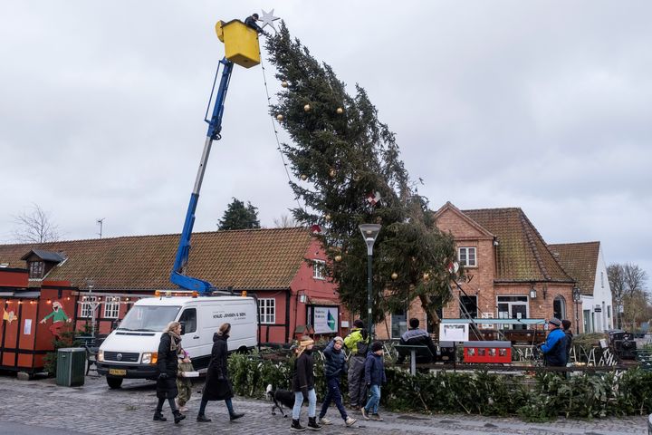 A Christmas tree is cut down after it was damaged in the storm in Aakirkeby, on the isle of Bornholm, Denmark, Friday Dec. 22, 2023.