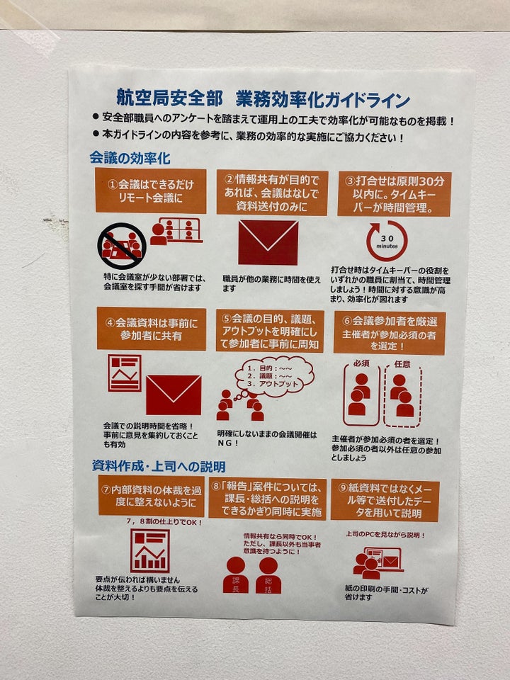 会議はできるだけリモート。打ち合わせは原則30分以内。オフィスには「業務効率化ガイドライン」が貼られている。