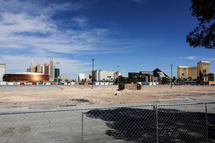 LAS VEGAS, NEVADA - APRIL 21: A view shows the Las Vegas Strip, including T-Mobile Arena (L), home of the NHL's Vegas Golden Knights, behind the site that the Oakland Athletics agreed in principle to purchase from Red Rock Resorts Inc. for a potential new ballpark on April 21, 2023 in Las Vegas, Nevada. The A's President Dave Kaval said the deal for the 49-acre plot of land, formerly the home of Wild Wild West Gambling Hall & Hotel, could be used to relocate the Major League Baseball franchise from Oakland to Las Vegas. The team will now work on a public-private partnership to build a USD 1.5 billion, 30,000-to-35,000-seat, partially retractable-roof stadium in time for the 2027 season. (Photo by Ethan Miller/Getty Images)