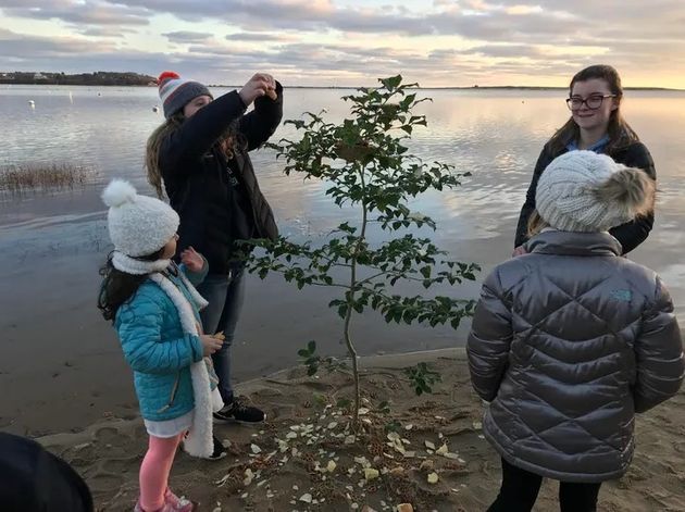 2018年のカモメの日に、ツリーを飾る筆者の子どもたちと姪