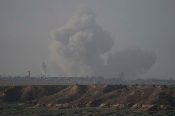 Smoke rises following an Israeli bombardment in the Gaza Strip, as seen from southern Israel, Monday, Dec. 25, 2023. The army is battling Palestinian militants across Gaza in the war ignited by Hamas' Oct. 7 attack into Israel. (AP Photo/Leo Correa)