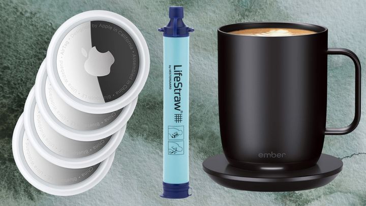 Apple AirTags, a Lifestraw water filtering straw and Ember smart mug