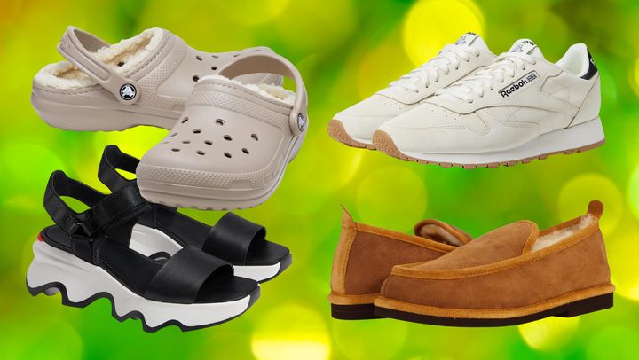 Crocs fleece-lined clog, Reebok classic sneakers, L.L. Bean slippers and Sorel Kinetic sandals