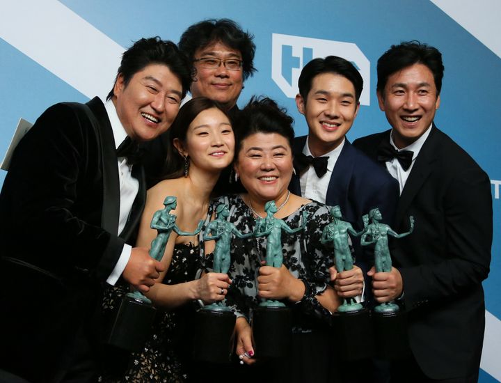 Lee (pictured on the far right) with his Parasite co-stars and the film's director Bong Joon-ho at the 2020 SAG Awards