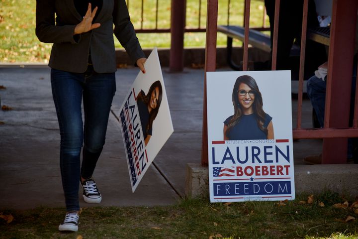 COLLBRAN, CO - OCTOBER 22 : Lauren Boebert, Republican nominee for Colorado's 3rd congressional district, display her campaign posters before her starting speech during "trash clean-up" event of West Slope Colorado Oil & Gas Association at Terrell Park in Collbran, Colorado on Thursday. October 22, 2020. (Photo by Hyoung Chang/MediaNews Group/The Denver Post via Getty Images)