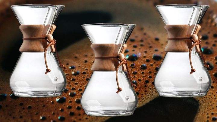 Made from chip-resistant borosilicate glass, the Chemex pour-over coffee maker can be refrigerated for reheating coffee without losing flavor.