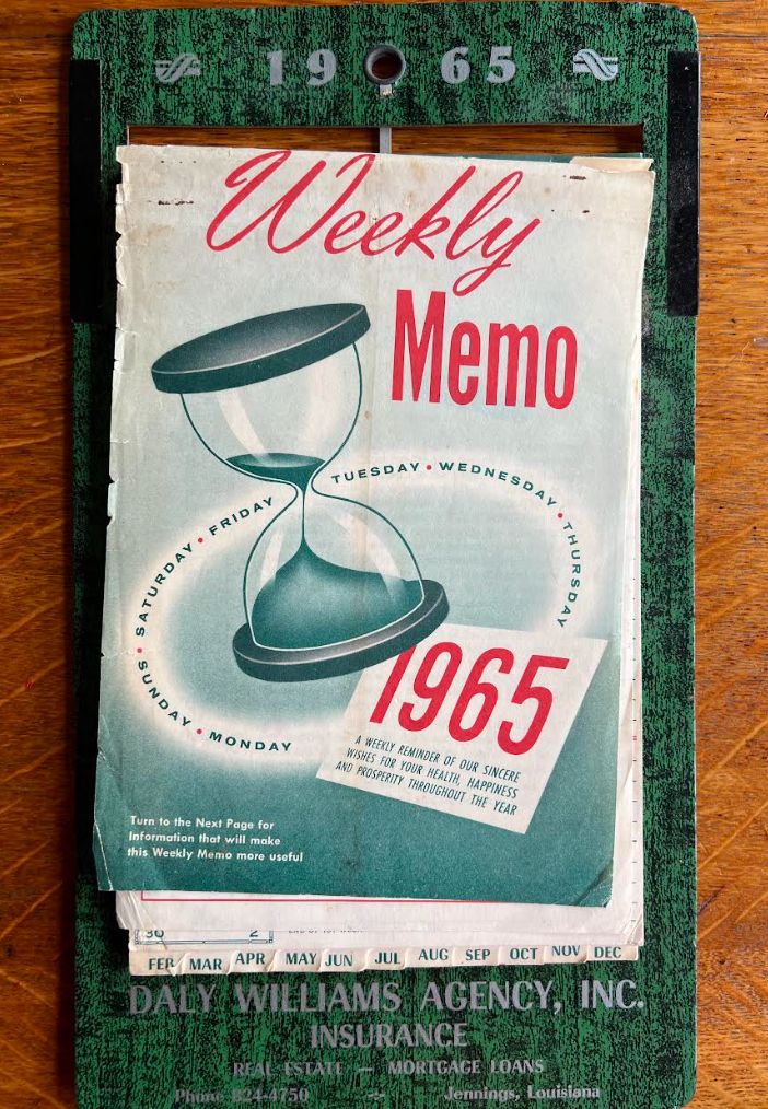 The calendar kept by the author's father in 1965.
