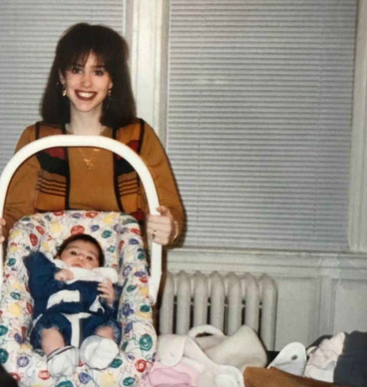 "Me as a 20-year-old mom, in the world's second-ugliest wig," the author writes.