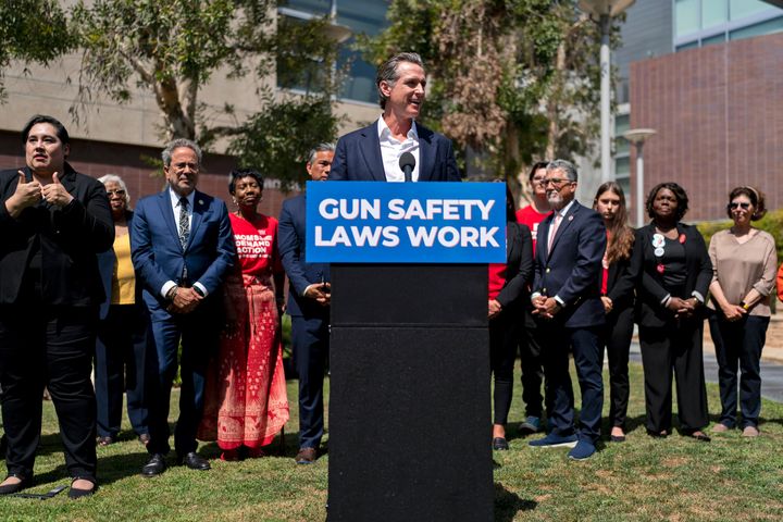 Gov. Gavin Newsom, shown here at a July 22, 2022, news conference at Santa Monica College, has signed several gun control measures into law.