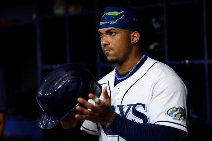 ST PETERSBURG, FLORIDA - AUGUST 12: Wander Franco #5 of the Tampa Bay Rays prepares to bat during the ninth inning against the Cleveland Guardians at Tropicana Field on August 12, 2023 in St Petersburg, Florida. (Photo by Douglas P. DeFelice/Getty Images)