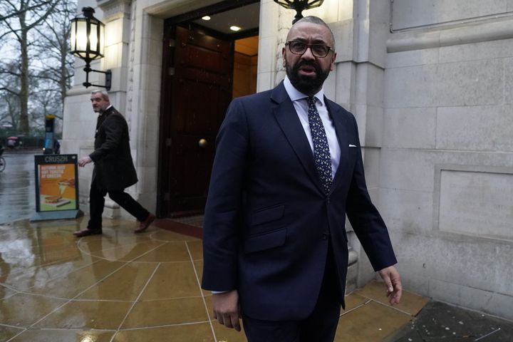 Home secretary James Cleverly leaves the Millbank Studios in Westminster this morning.