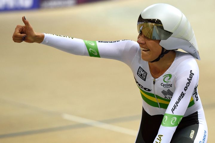 Melissa Hoskins celebrates after winning the Women's team pursuit finals at the UCI Track Cycling World Championships in Saint-Quentin-en-Yvelines, near Paris, in 2015.
