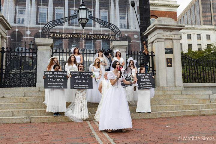 The author leading a chain-in protest in Boston against child marriage in 2021.
