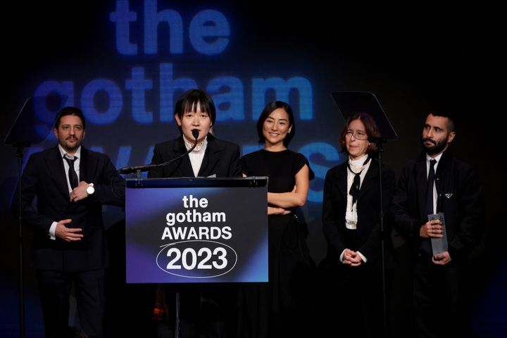 "Past Lives" director Celine Song (second from left) appears with the film's cast and producers at the Gotham Awards on Nov. 27, 2023, in New York City.