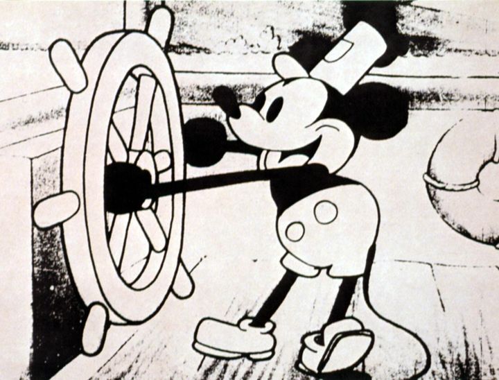 A still from the classic Disney cartoon Steamboat Willie
