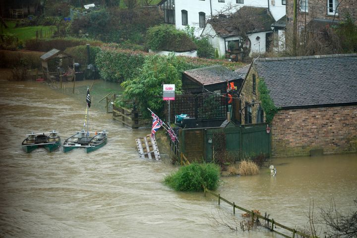 Flood water from the River Severn begins to encroach on riverside properties on January 02, 2024 in Ironbridge, England.