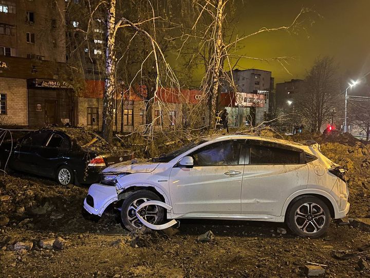 A view of the damaged cars after an abnormal descent of an aircraft munition in Belgorod city centre near the Ukrainian border, Russia, on April 21, 2023.
