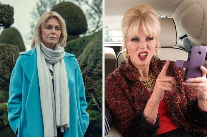 Joanna Lumley in Fool Me Once (left) and Absolutely Fabulous: The Movie (right)