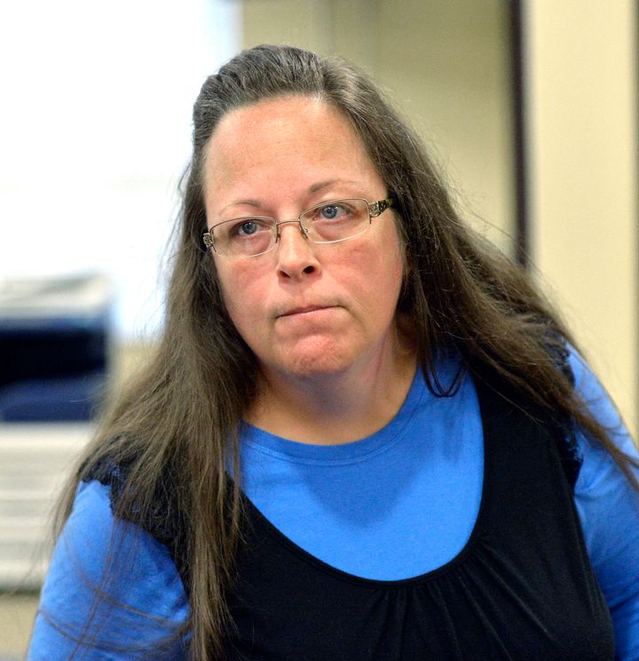 Kim Davis, seen while serving as Rowan County Clerk in 2015, was briefly jailed after refusing to issue a marriage license to a same-sex couple. She was then sued.
