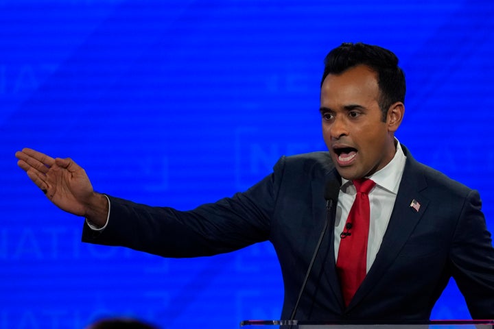 Republican presidential candidate Vivek Ramaswamy speaks during a Republican presidential primary debate hosted by NewsNation on Wednesday, Dec. 6, 2023, at the Moody Music Hall at the University of Alabama in Tuscaloosa, Alabama.