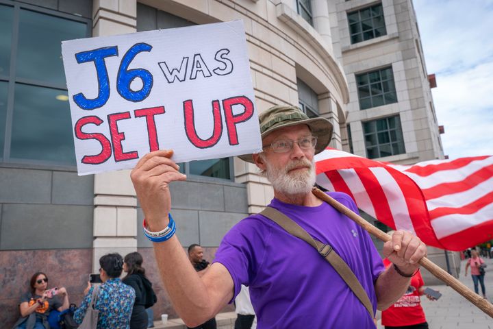 A supporter of former President Donald Trump protests outside a court amid the expected sentencing of Jan. 6 defendants, on Aug. 30, 2023, in Washington.