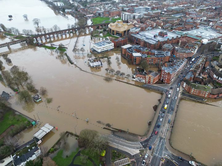 A view of Worcester city centre flooded by the River Severn following heavy rainfall.